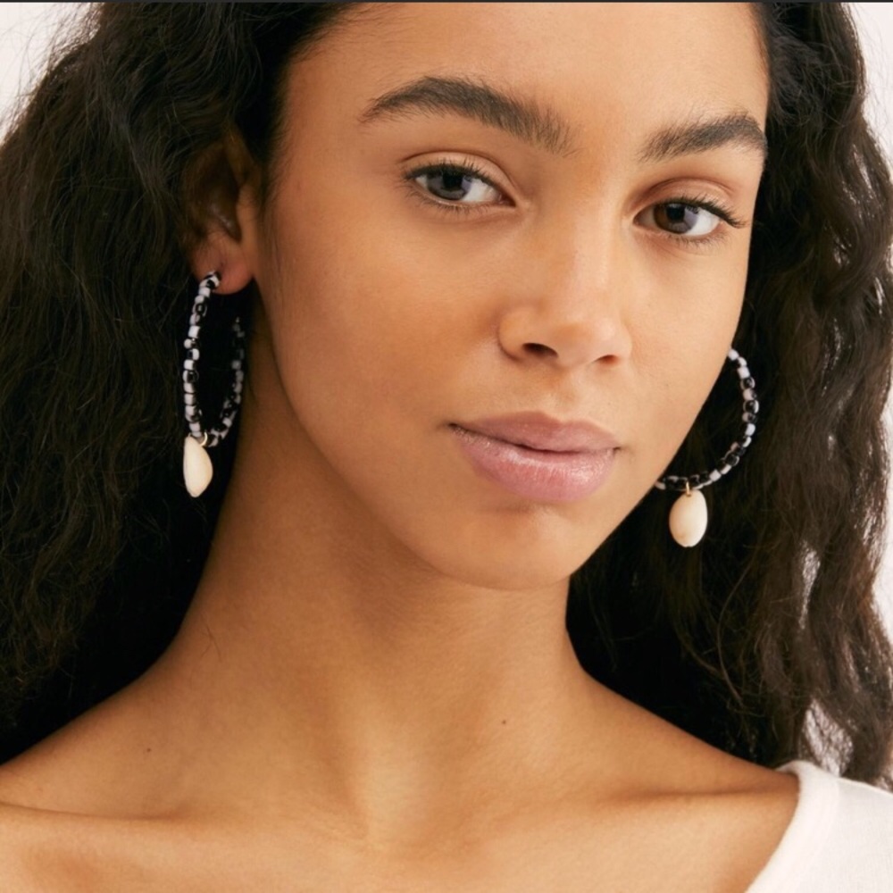Free People Black And White Beaded Hoops